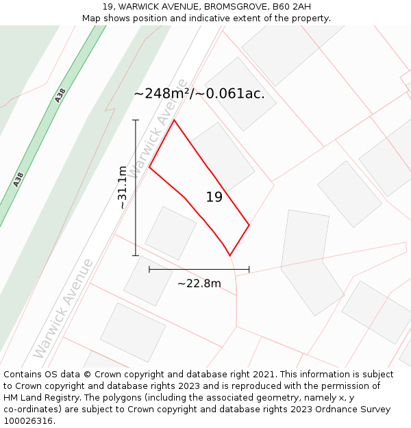 19, WARWICK AVENUE, BROMSGROVE, B60 2AH: Plot and title map