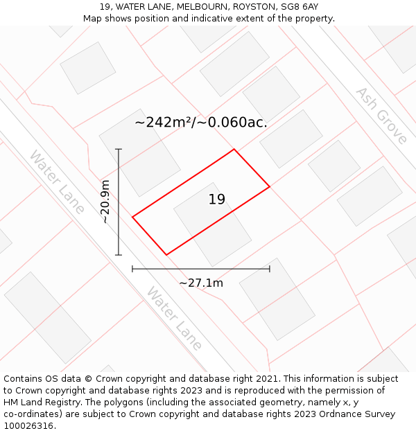 19, WATER LANE, MELBOURN, ROYSTON, SG8 6AY: Plot and title map