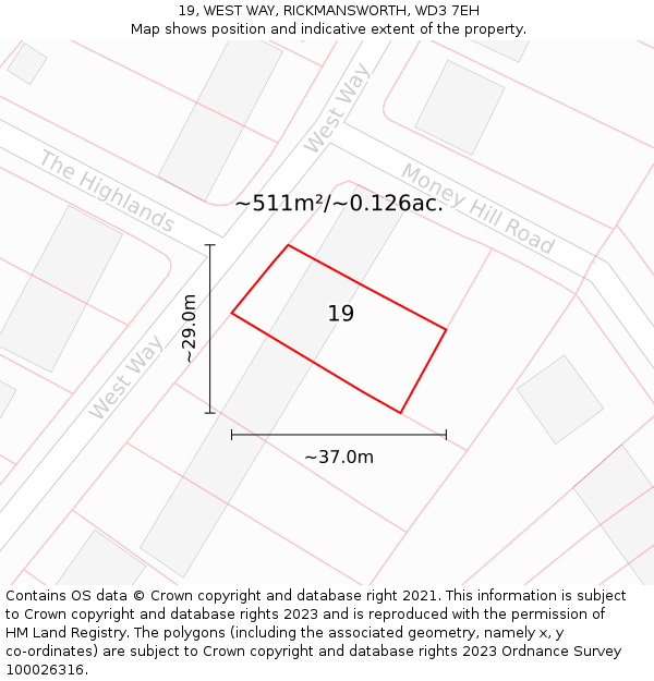 19, WEST WAY, RICKMANSWORTH, WD3 7EH: Plot and title map