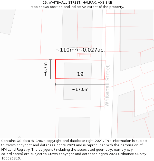 19, WHITEHALL STREET, HALIFAX, HX3 8NB: Plot and title map