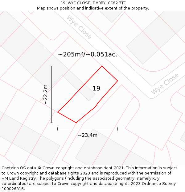 19, WYE CLOSE, BARRY, CF62 7TF: Plot and title map