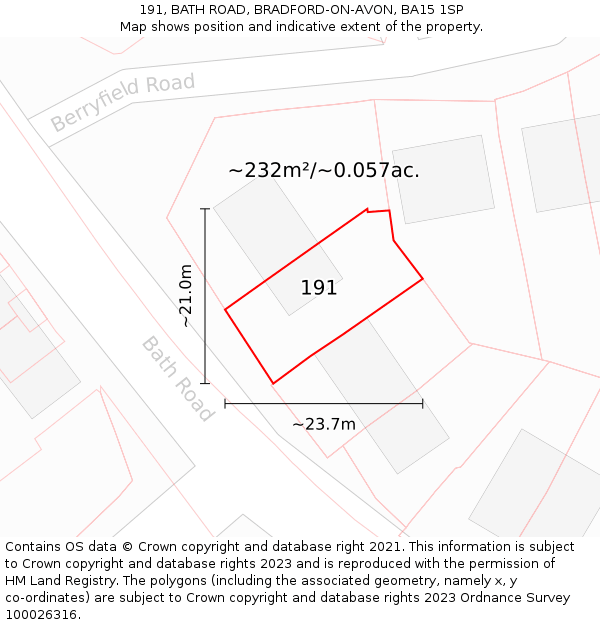 191, BATH ROAD, BRADFORD-ON-AVON, BA15 1SP: Plot and title map