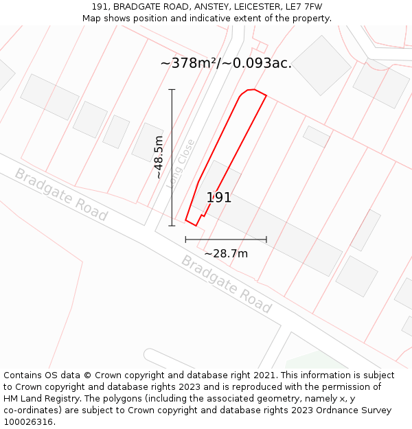 191, BRADGATE ROAD, ANSTEY, LEICESTER, LE7 7FW: Plot and title map