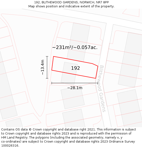 192, BLITHEWOOD GARDENS, NORWICH, NR7 8PP: Plot and title map