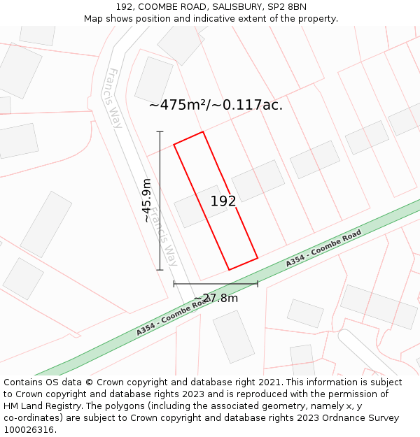 192, COOMBE ROAD, SALISBURY, SP2 8BN: Plot and title map