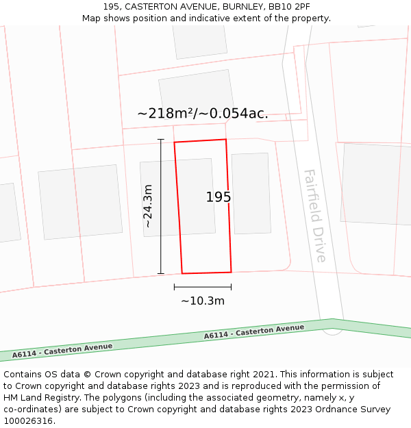 195, CASTERTON AVENUE, BURNLEY, BB10 2PF: Plot and title map