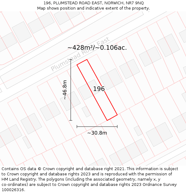 196, PLUMSTEAD ROAD EAST, NORWICH, NR7 9NQ: Plot and title map