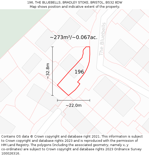 196, THE BLUEBELLS, BRADLEY STOKE, BRISTOL, BS32 8DW: Plot and title map