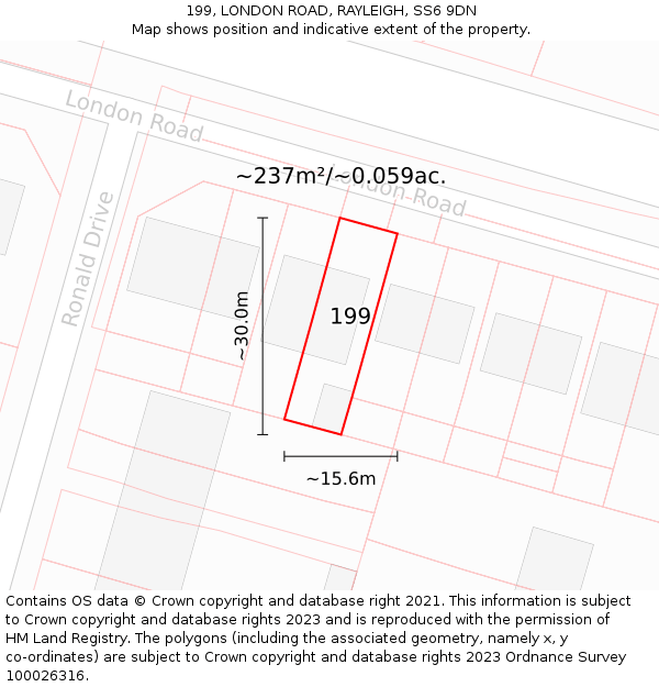 199, LONDON ROAD, RAYLEIGH, SS6 9DN: Plot and title map