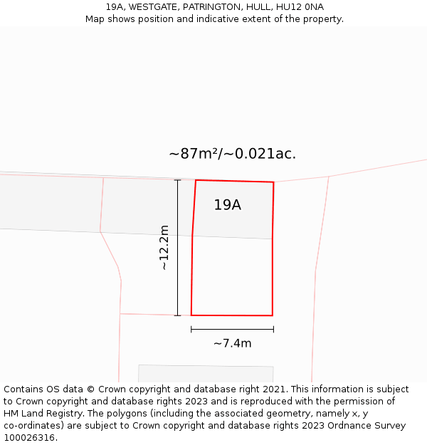 19A, WESTGATE, PATRINGTON, HULL, HU12 0NA: Plot and title map