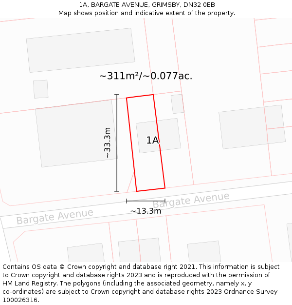 1A, BARGATE AVENUE, GRIMSBY, DN32 0EB: Plot and title map