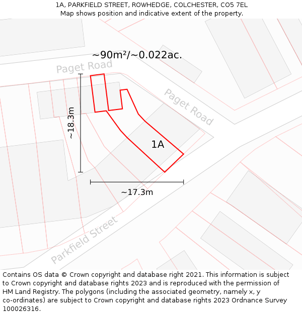 1A, PARKFIELD STREET, ROWHEDGE, COLCHESTER, CO5 7EL: Plot and title map