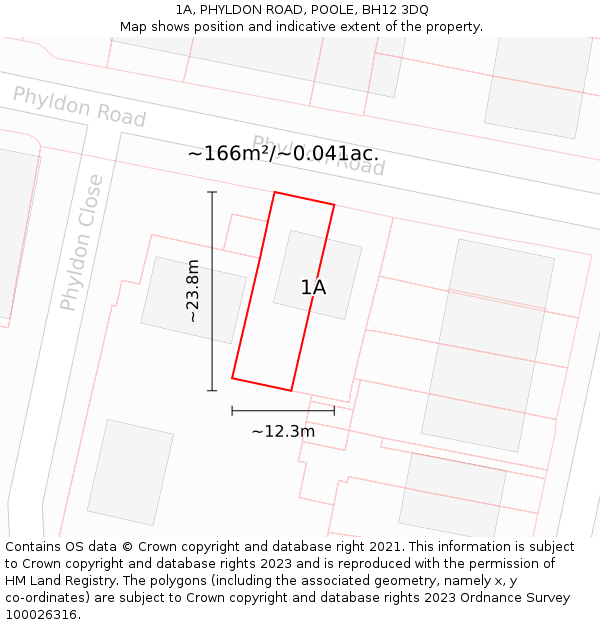 1A, PHYLDON ROAD, POOLE, BH12 3DQ: Plot and title map