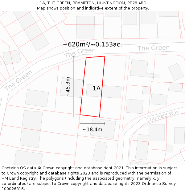 1A, THE GREEN, BRAMPTON, HUNTINGDON, PE28 4RD: Plot and title map