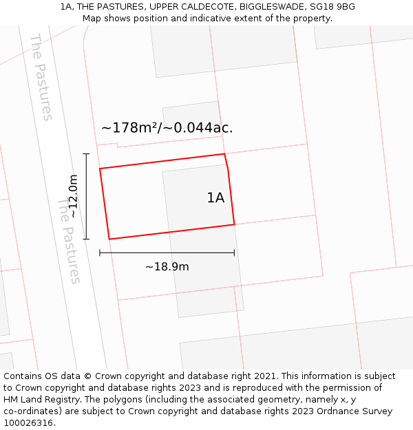 1A, THE PASTURES, UPPER CALDECOTE, BIGGLESWADE, SG18 9BG: Plot and title map