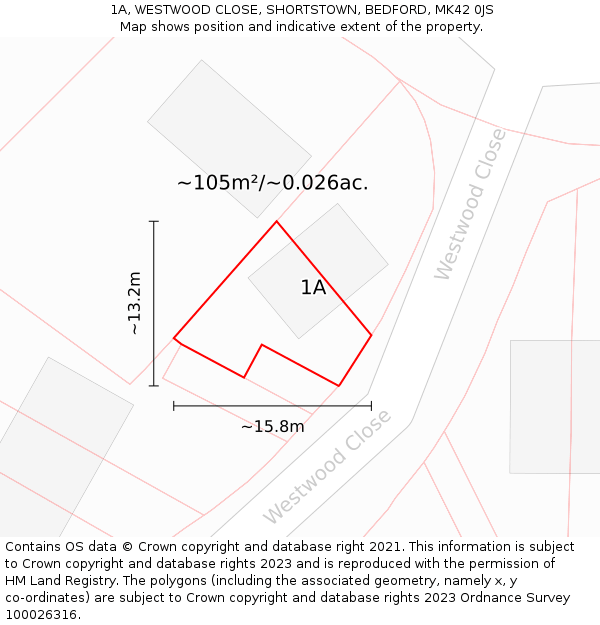 1A, WESTWOOD CLOSE, SHORTSTOWN, BEDFORD, MK42 0JS: Plot and title map