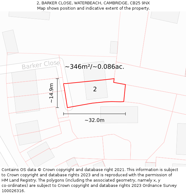 2, BARKER CLOSE, WATERBEACH, CAMBRIDGE, CB25 9NX: Plot and title map