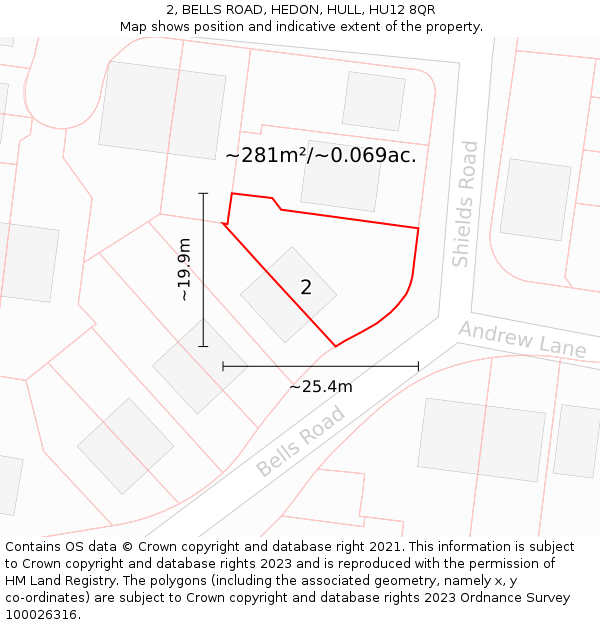 2, BELLS ROAD, HEDON, HULL, HU12 8QR: Plot and title map