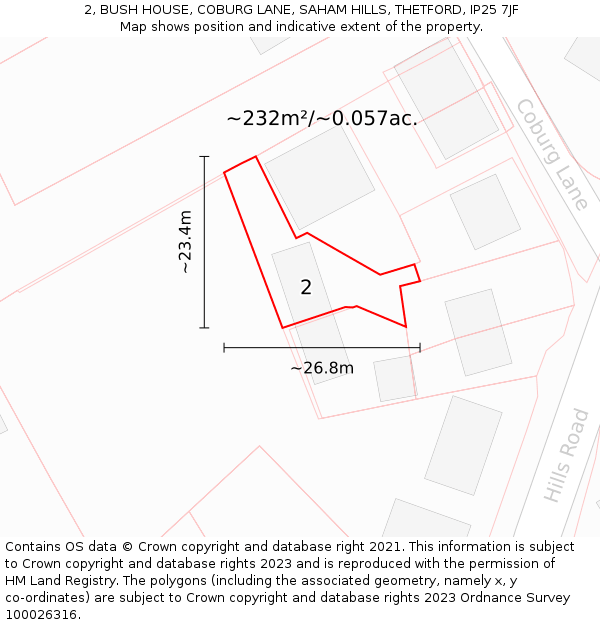 2, BUSH HOUSE, COBURG LANE, SAHAM HILLS, THETFORD, IP25 7JF: Plot and title map