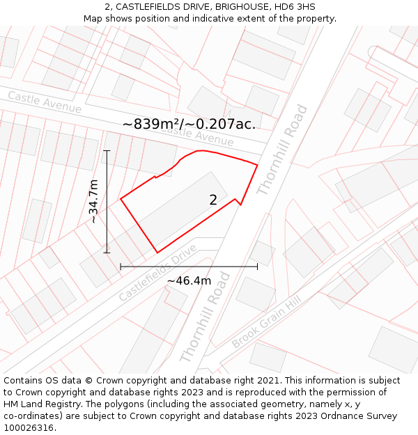 2, CASTLEFIELDS DRIVE, BRIGHOUSE, HD6 3HS: Plot and title map