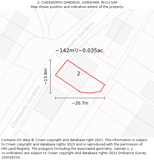 2, CHESWORTH GARDENS, HORSHAM, RH13 5AR: Plot and title map