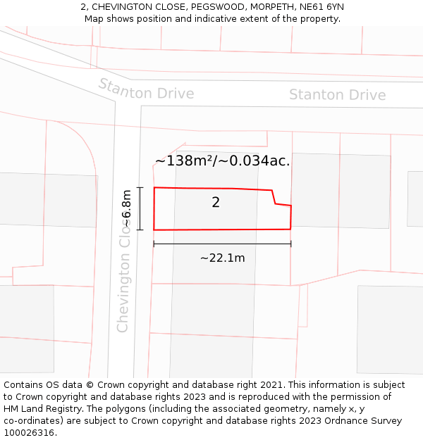 2, CHEVINGTON CLOSE, PEGSWOOD, MORPETH, NE61 6YN: Plot and title map