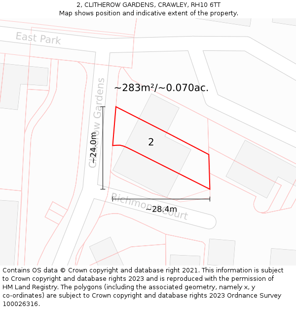 2, CLITHEROW GARDENS, CRAWLEY, RH10 6TT: Plot and title map