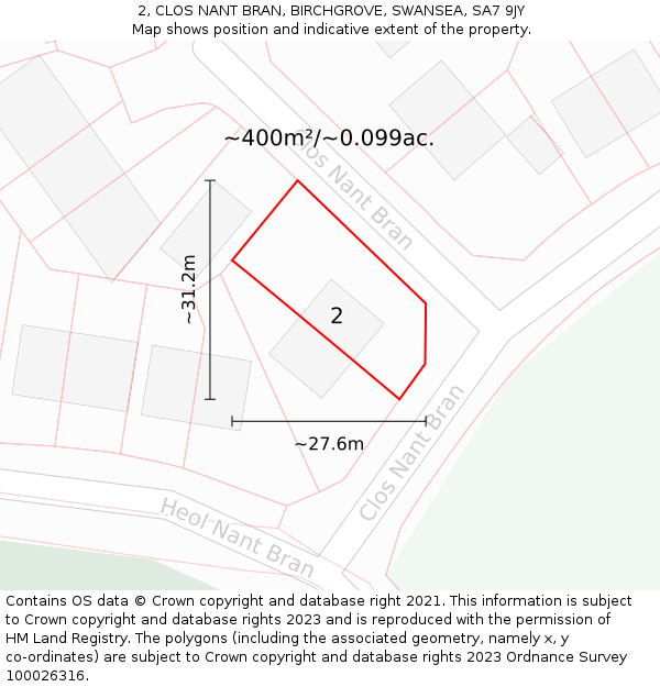 2, CLOS NANT BRAN, BIRCHGROVE, SWANSEA, SA7 9JY: Plot and title map