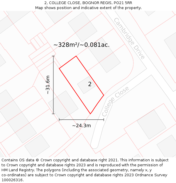 2, COLLEGE CLOSE, BOGNOR REGIS, PO21 5RR: Plot and title map