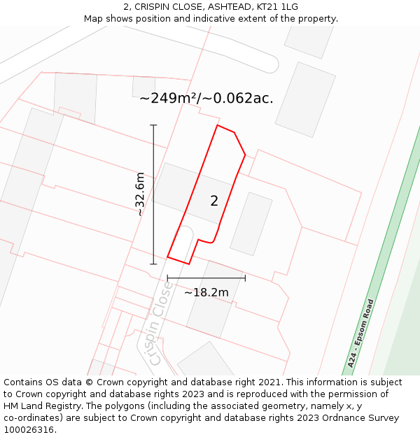 2, CRISPIN CLOSE, ASHTEAD, KT21 1LG: Plot and title map