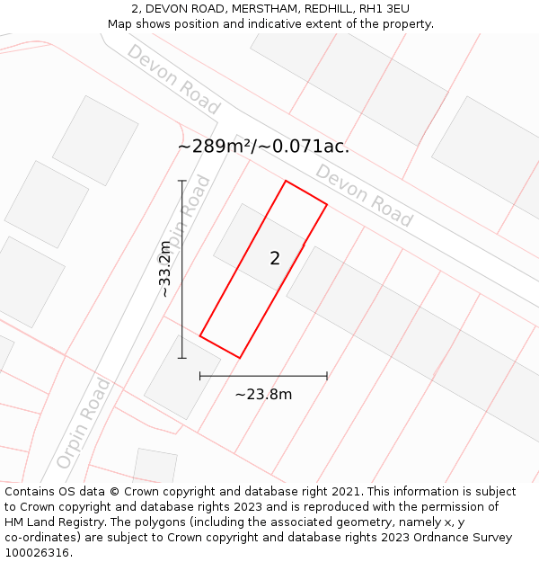 2, DEVON ROAD, MERSTHAM, REDHILL, RH1 3EU: Plot and title map