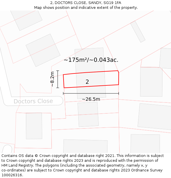 2, DOCTORS CLOSE, SANDY, SG19 1FA: Plot and title map