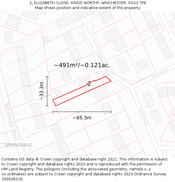 2, ELIZABETH CLOSE, KINGS WORTHY, WINCHESTER, SO23 7PE: Plot and title map