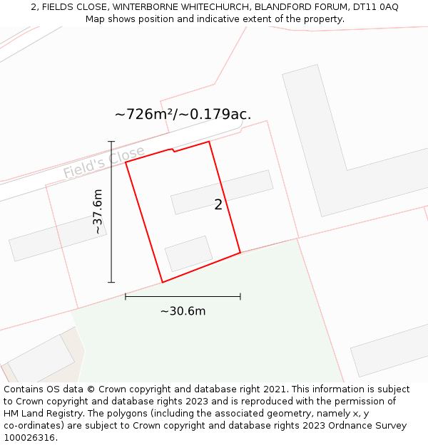 2, FIELDS CLOSE, WINTERBORNE WHITECHURCH, BLANDFORD FORUM, DT11 0AQ: Plot and title map