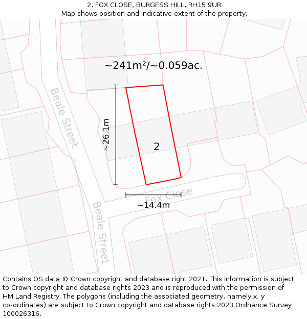 2, FOX CLOSE, BURGESS HILL, RH15 9UR: Plot and title map