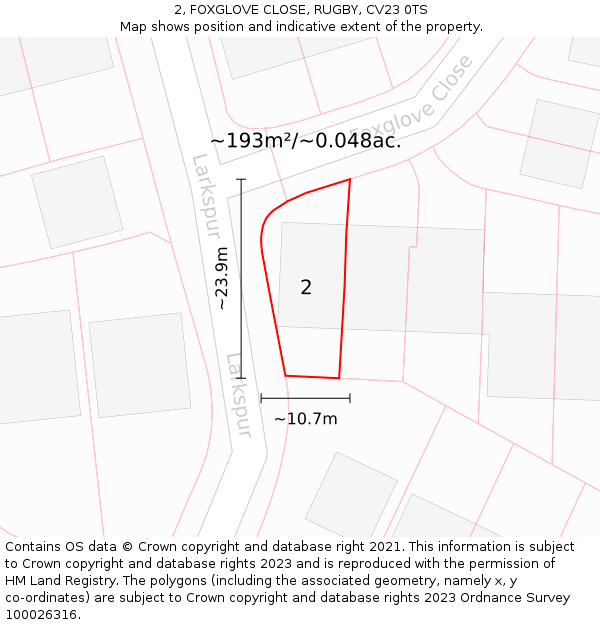 2, FOXGLOVE CLOSE, RUGBY, CV23 0TS: Plot and title map