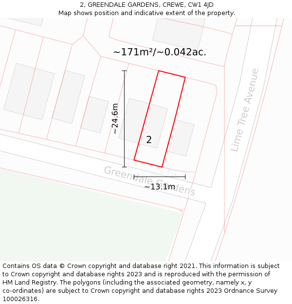 2, GREENDALE GARDENS, CREWE, CW1 4JD: Plot and title map