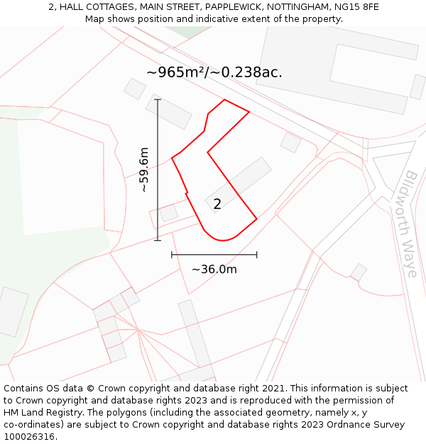 2, HALL COTTAGES, MAIN STREET, PAPPLEWICK, NOTTINGHAM, NG15 8FE: Plot and title map