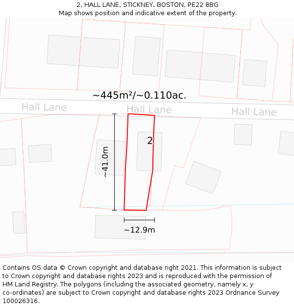 2, HALL LANE, STICKNEY, BOSTON, PE22 8BG: Plot and title map