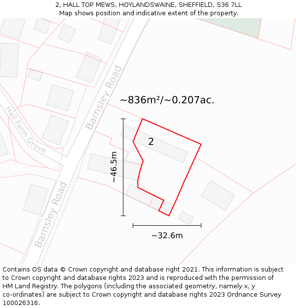 2, HALL TOP MEWS, HOYLANDSWAINE, SHEFFIELD, S36 7LL: Plot and title map