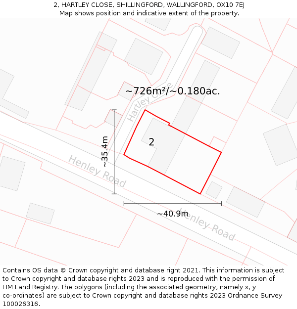 2, HARTLEY CLOSE, SHILLINGFORD, WALLINGFORD, OX10 7EJ: Plot and title map