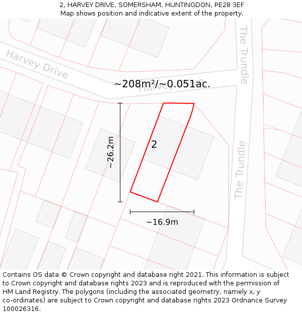 2, HARVEY DRIVE, SOMERSHAM, HUNTINGDON, PE28 3EF: Plot and title map