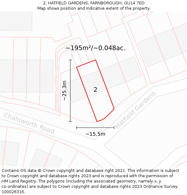 2, HATFIELD GARDENS, FARNBOROUGH, GU14 7ED: Plot and title map