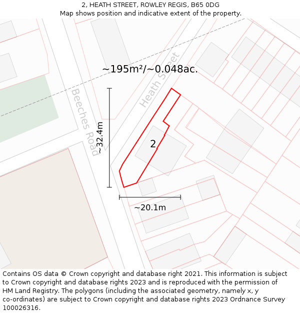 2, HEATH STREET, ROWLEY REGIS, B65 0DG: Plot and title map