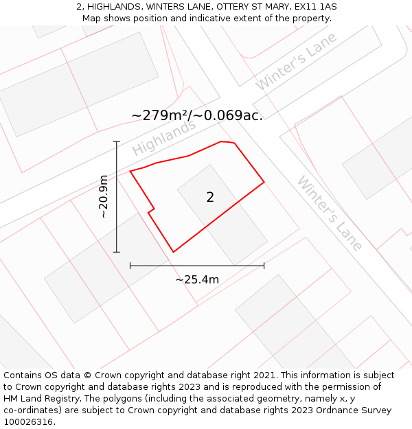2, HIGHLANDS, WINTERS LANE, OTTERY ST MARY, EX11 1AS: Plot and title map
