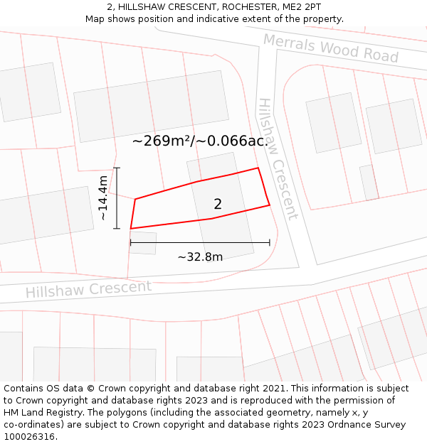 2, HILLSHAW CRESCENT, ROCHESTER, ME2 2PT: Plot and title map