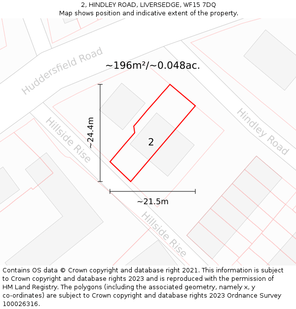 2, HINDLEY ROAD, LIVERSEDGE, WF15 7DQ: Plot and title map