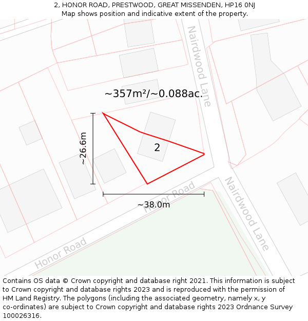 2, HONOR ROAD, PRESTWOOD, GREAT MISSENDEN, HP16 0NJ: Plot and title map