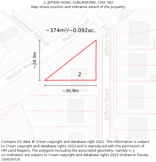 2, JEFFERY ROAD, CHELMSFORD, CM2 7BZ: Plot and title map