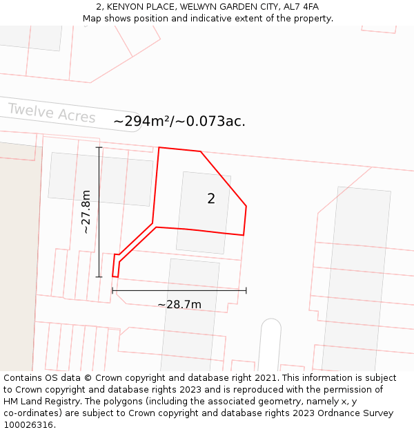 2, KENYON PLACE, WELWYN GARDEN CITY, AL7 4FA: Plot and title map